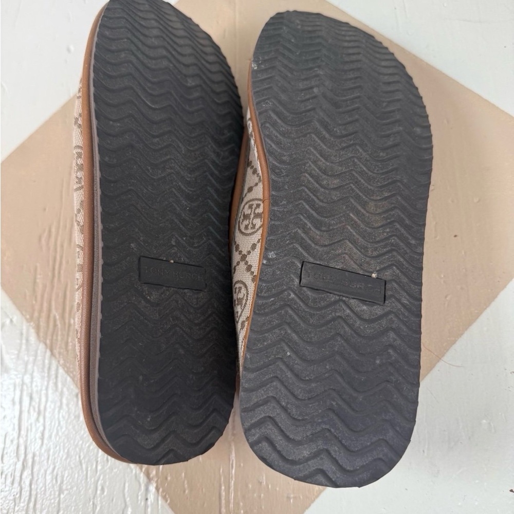 Tory Burch Beige and Tan Logo Canvas Slip-On Loafers - Picture 3 of 4
